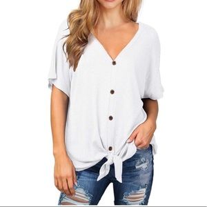 Waffle Knit Tunic Blouse Tie Knot Short Sleeve